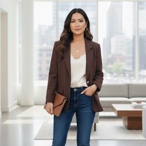 SILK HOUSE Women’s Brown 100% Silk Buttons Lined Collared Classic Blazer P